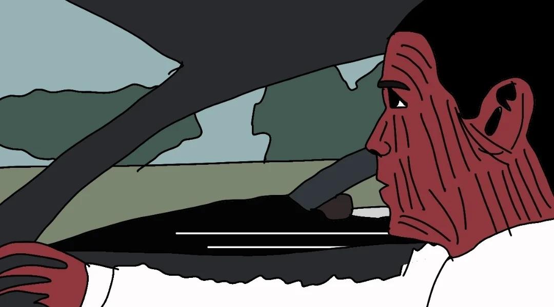 Hand-drawn animation still — character driving a car